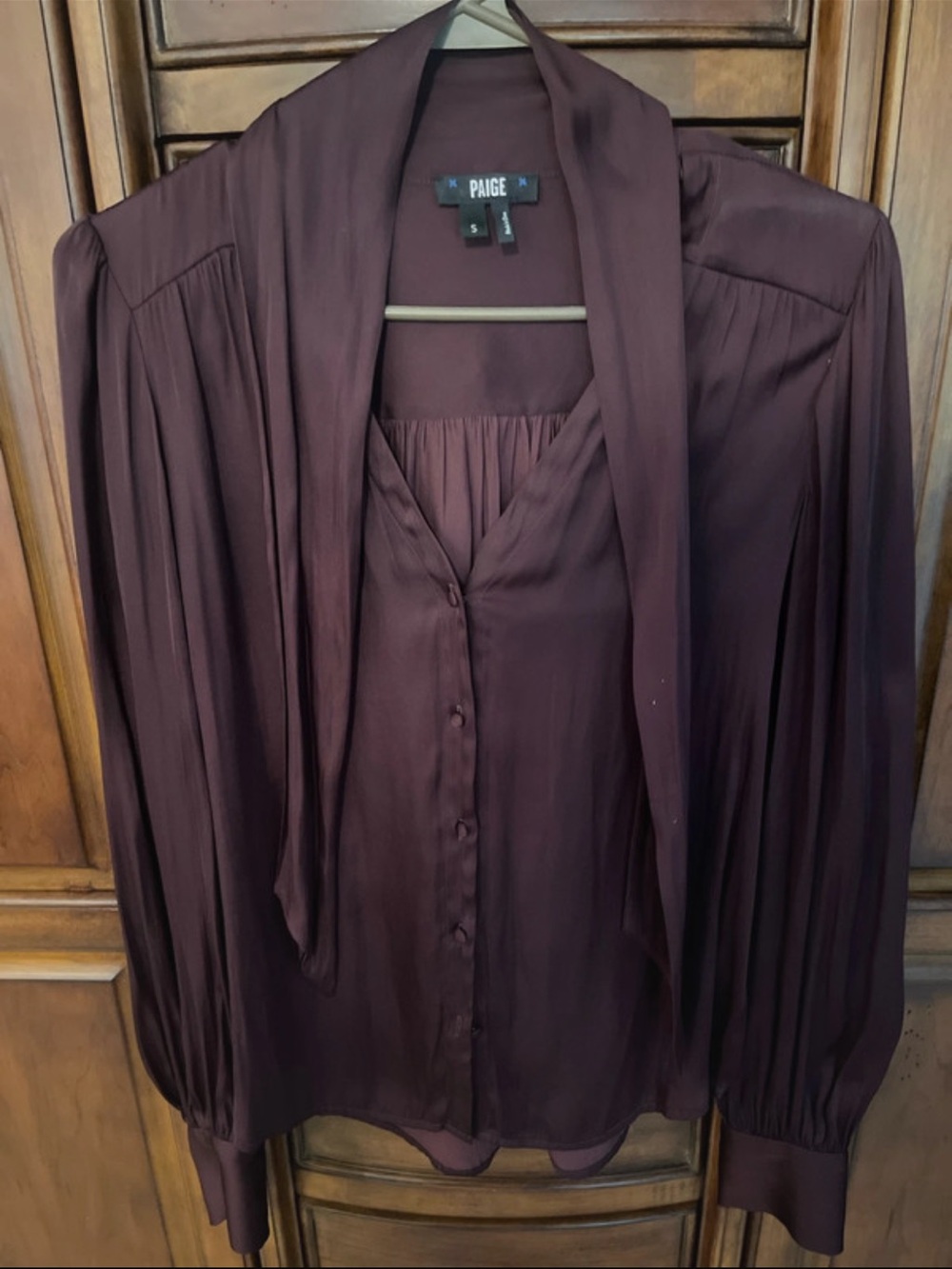 PAIGE Wine Button-Front Blouse with Attached Neck Tie